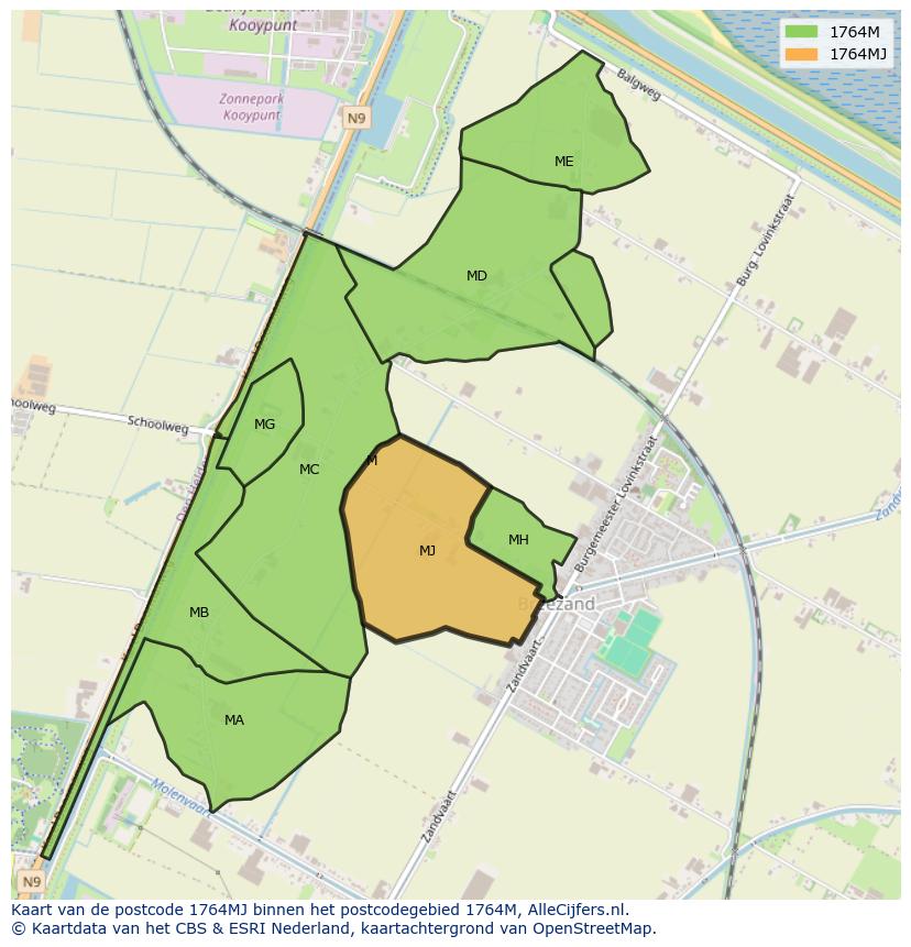 Afbeelding van het postcodegebied 1764 MJ op de kaart.