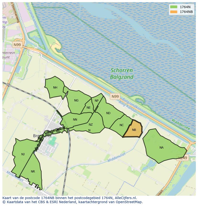 Afbeelding van het postcodegebied 1764 NB op de kaart.