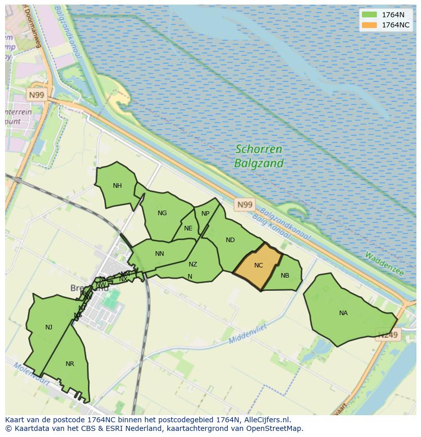 Afbeelding van het postcodegebied 1764 NC op de kaart.