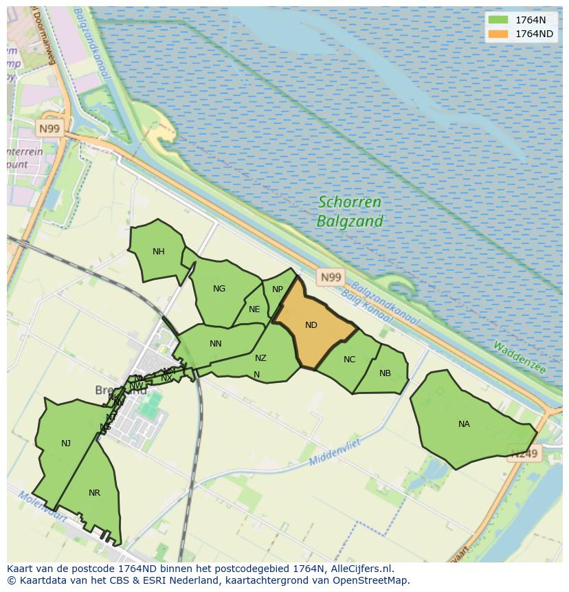 Afbeelding van het postcodegebied 1764 ND op de kaart.