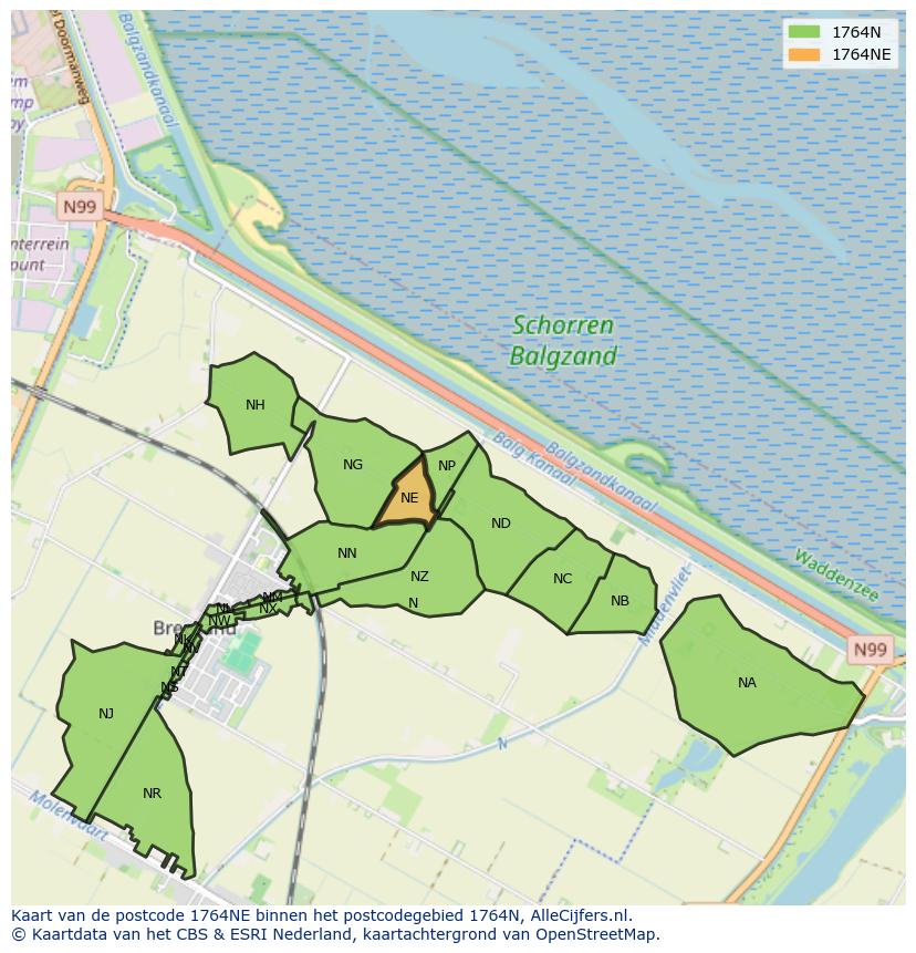 Afbeelding van het postcodegebied 1764 NE op de kaart.