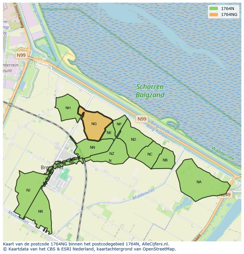 Afbeelding van het postcodegebied 1764 NG op de kaart.