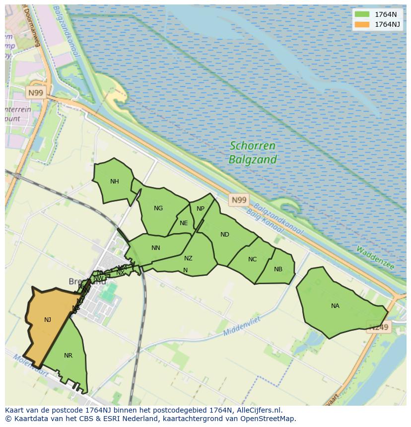 Afbeelding van het postcodegebied 1764 NJ op de kaart.