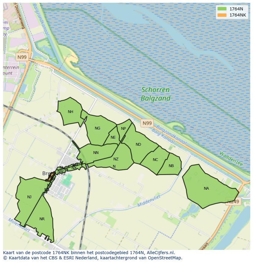Afbeelding van het postcodegebied 1764 NK op de kaart.