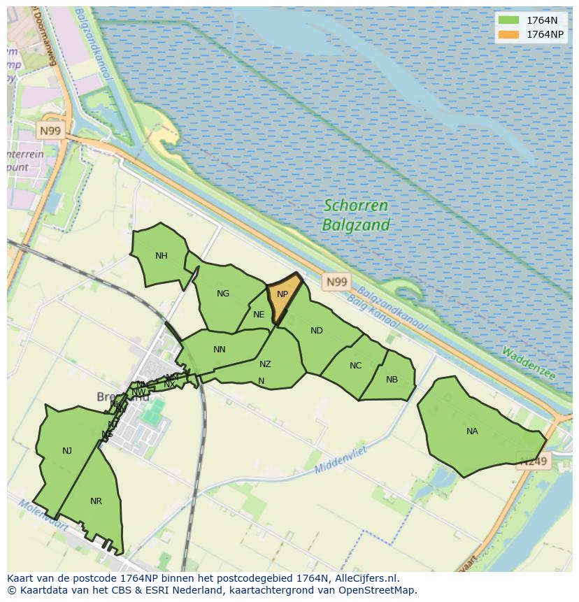 Afbeelding van het postcodegebied 1764 NP op de kaart.