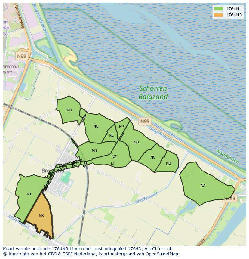 Afbeelding van het postcodegebied 1764 NR op de kaart.