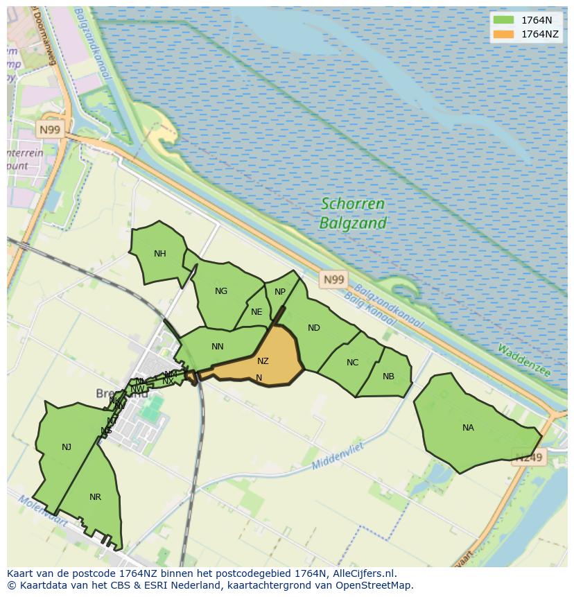 Afbeelding van het postcodegebied 1764 NZ op de kaart.