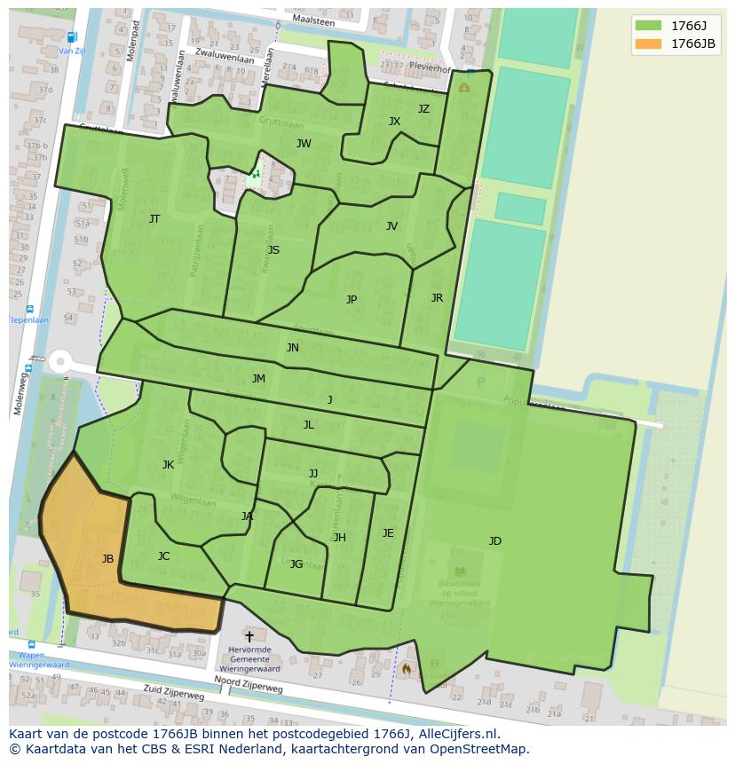 Afbeelding van het postcodegebied 1766 JB op de kaart.