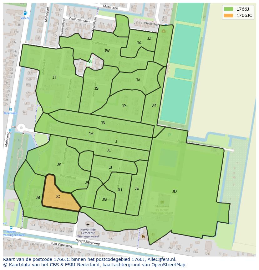 Afbeelding van het postcodegebied 1766 JC op de kaart.