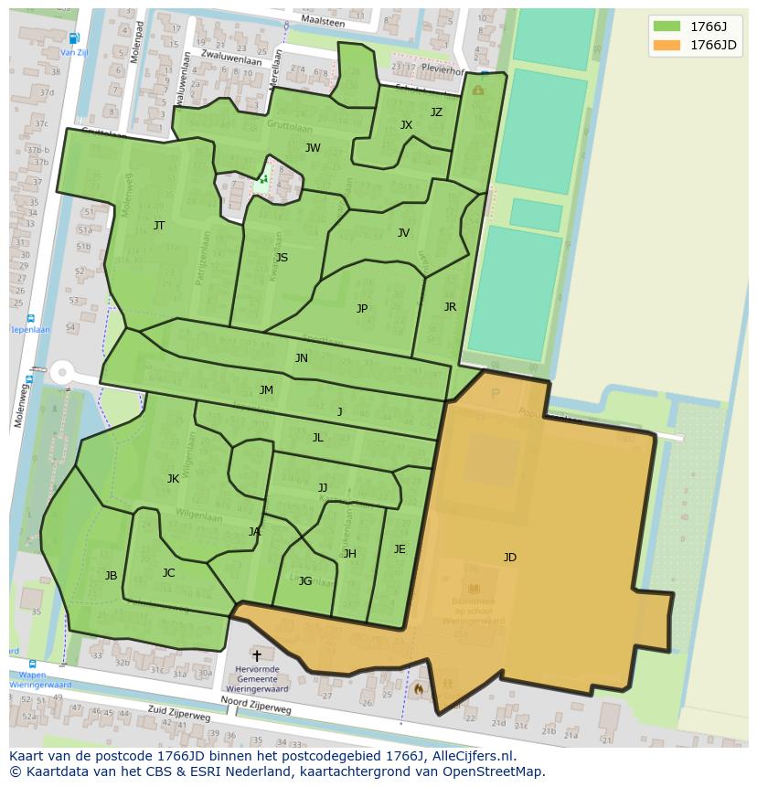 Afbeelding van het postcodegebied 1766 JD op de kaart.