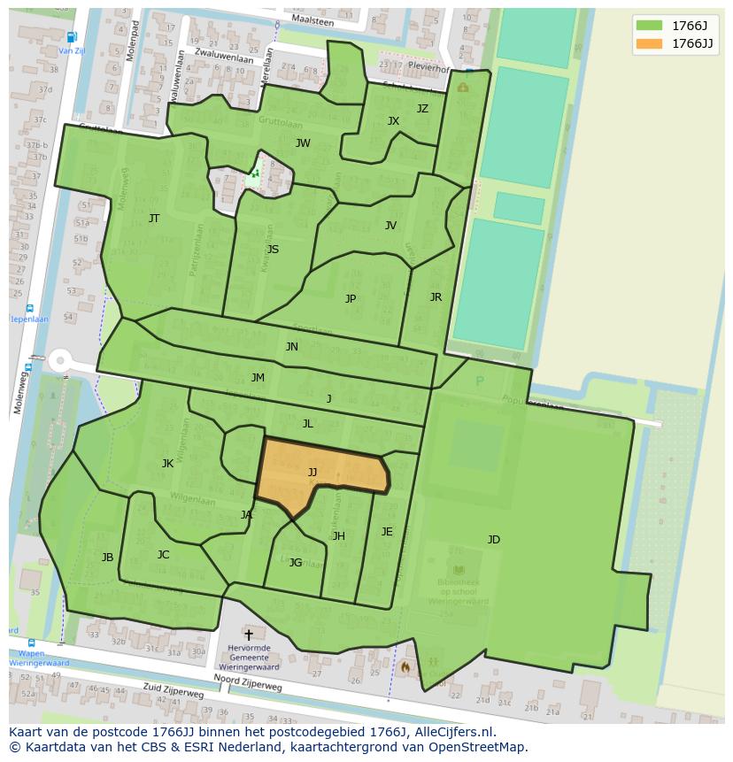 Afbeelding van het postcodegebied 1766 JJ op de kaart.
