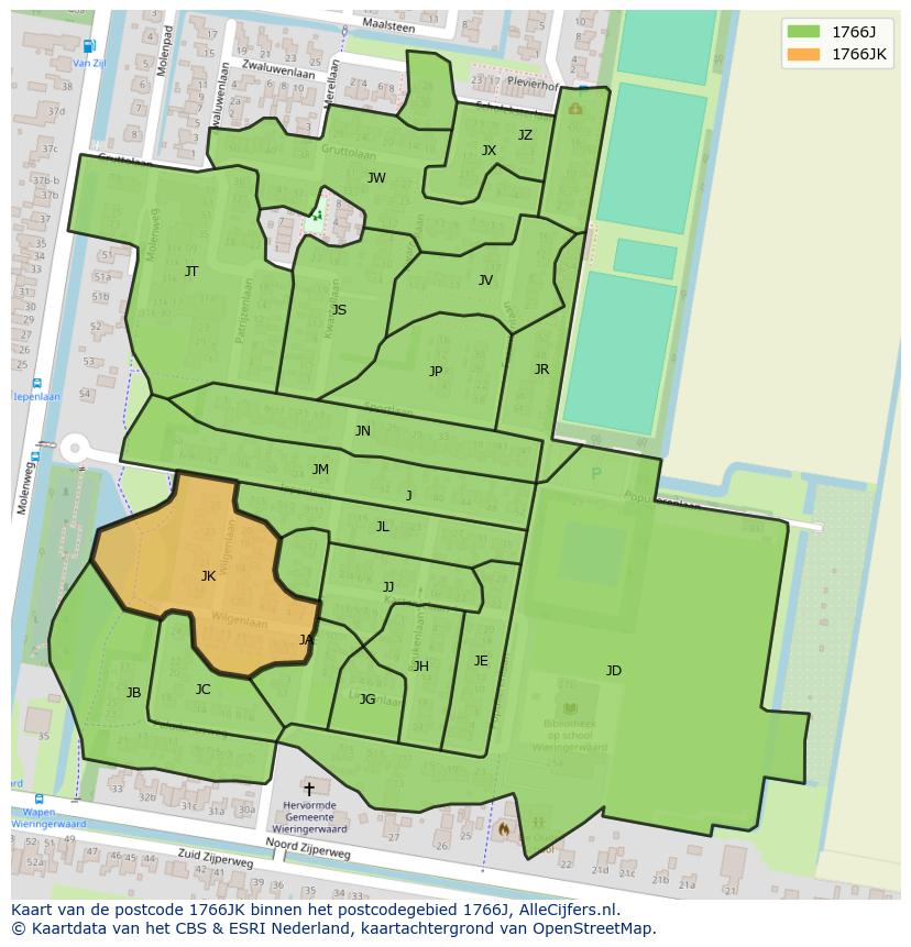 Afbeelding van het postcodegebied 1766 JK op de kaart.
