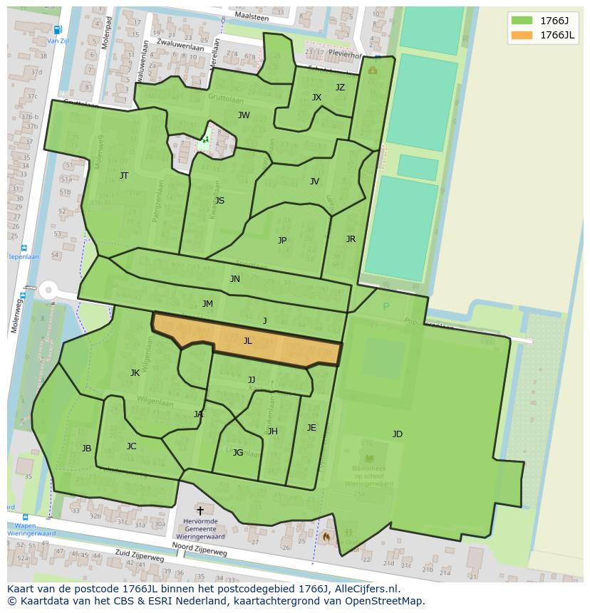 Afbeelding van het postcodegebied 1766 JL op de kaart.