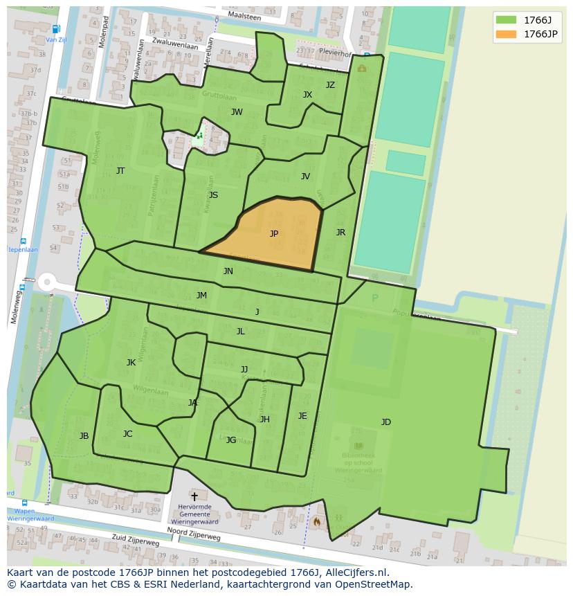 Afbeelding van het postcodegebied 1766 JP op de kaart.
