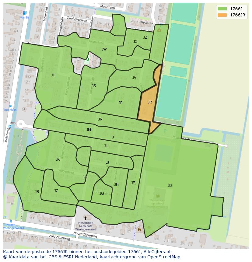 Afbeelding van het postcodegebied 1766 JR op de kaart.