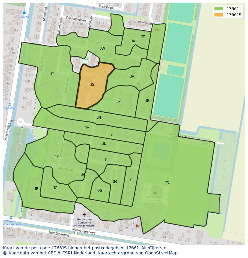 Afbeelding van het postcodegebied 1766 JS op de kaart.