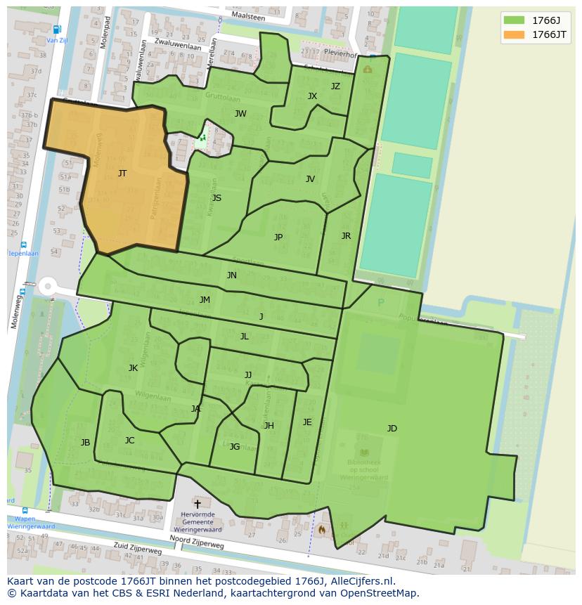 Afbeelding van het postcodegebied 1766 JT op de kaart.