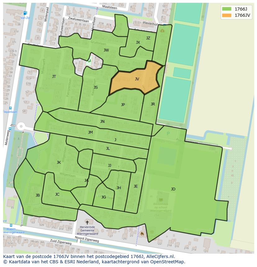 Afbeelding van het postcodegebied 1766 JV op de kaart.