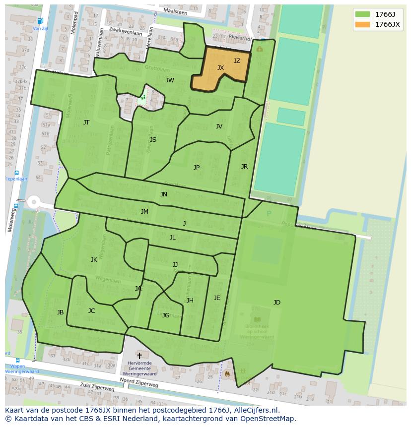 Afbeelding van het postcodegebied 1766 JX op de kaart.