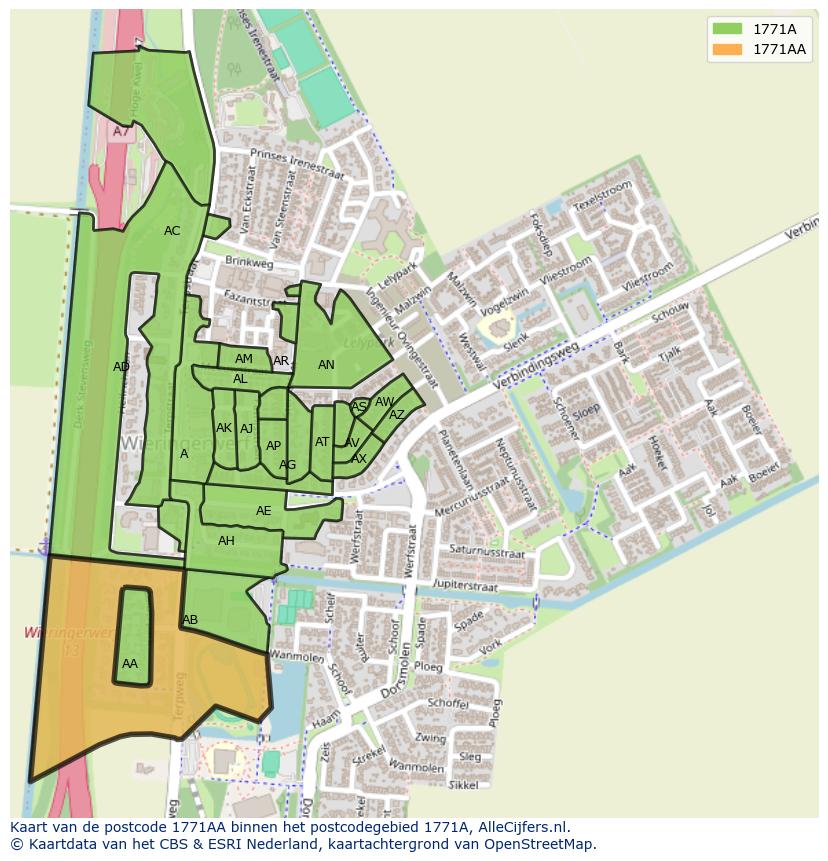 Afbeelding van het postcodegebied 1771 AA op de kaart.