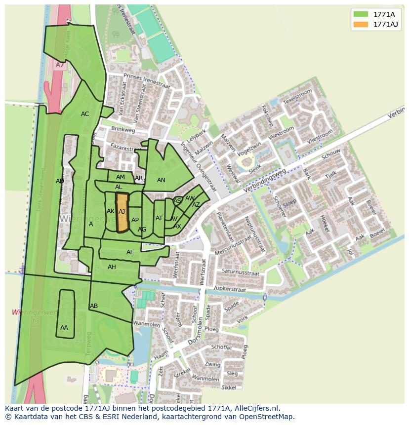 Afbeelding van het postcodegebied 1771 AJ op de kaart.