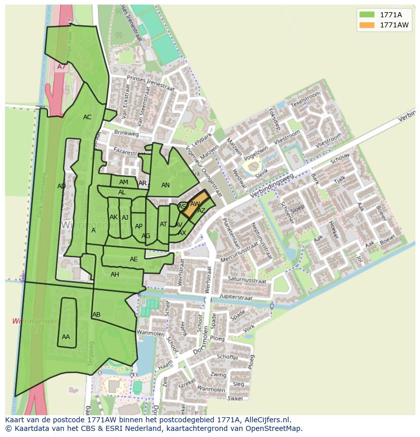 Afbeelding van het postcodegebied 1771 AW op de kaart.