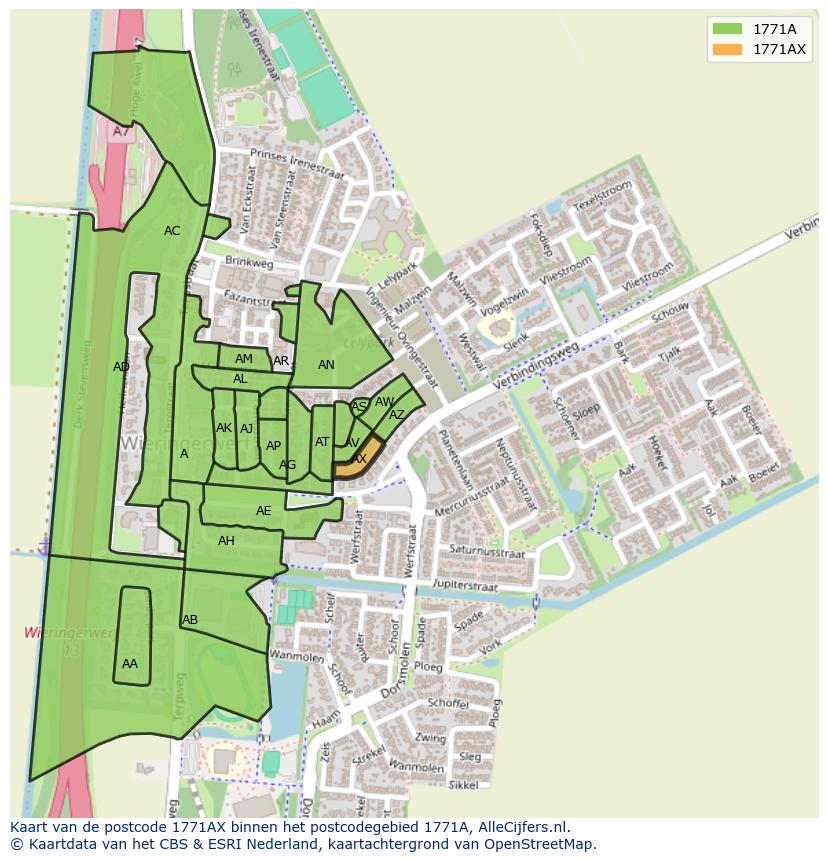 Afbeelding van het postcodegebied 1771 AX op de kaart.