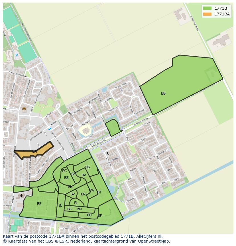 Afbeelding van het postcodegebied 1771 BA op de kaart.