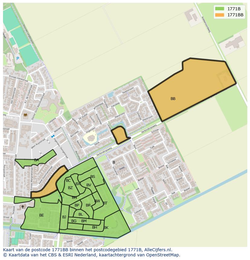 Afbeelding van het postcodegebied 1771 BB op de kaart.