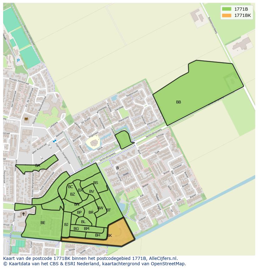 Afbeelding van het postcodegebied 1771 BK op de kaart.