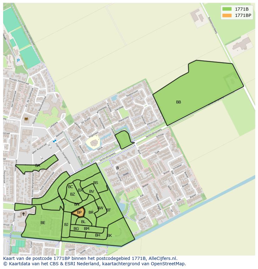 Afbeelding van het postcodegebied 1771 BP op de kaart.