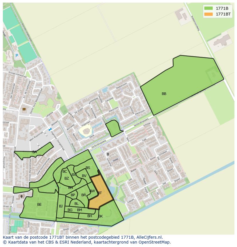 Afbeelding van het postcodegebied 1771 BT op de kaart.