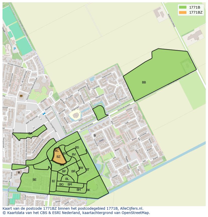 Afbeelding van het postcodegebied 1771 BZ op de kaart.