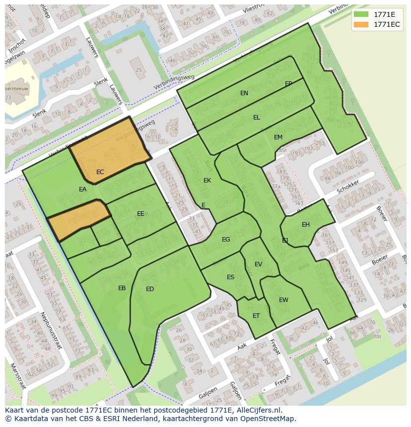 Afbeelding van het postcodegebied 1771 EC op de kaart.