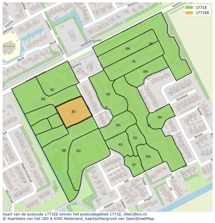 Afbeelding van het postcodegebied 1771 EE op de kaart.