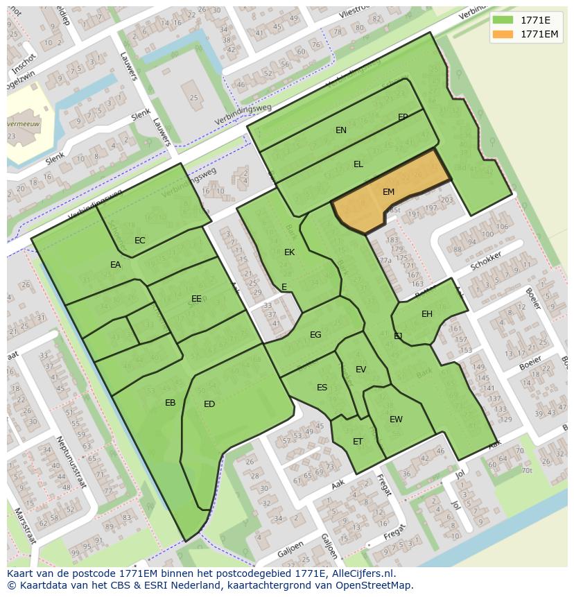 Afbeelding van het postcodegebied 1771 EM op de kaart.