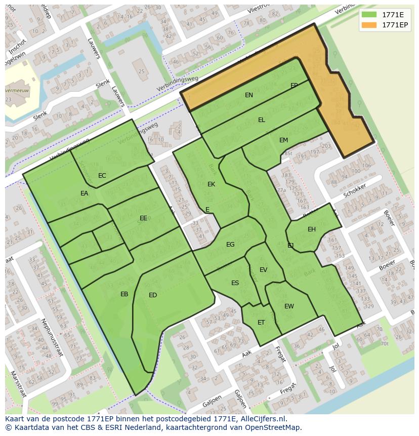 Afbeelding van het postcodegebied 1771 EP op de kaart.