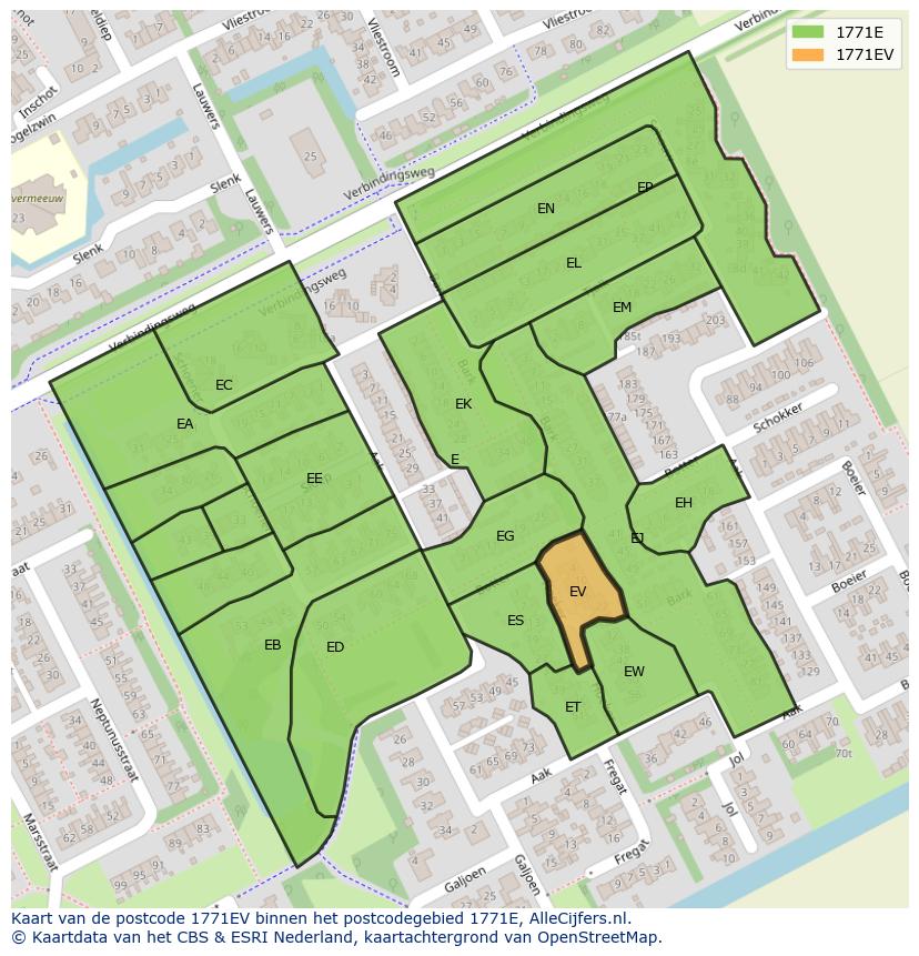 Afbeelding van het postcodegebied 1771 EV op de kaart.