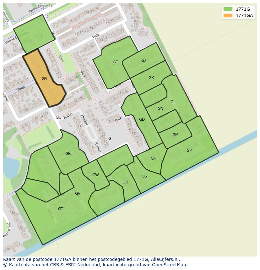 Afbeelding van het postcodegebied 1771 GA op de kaart.