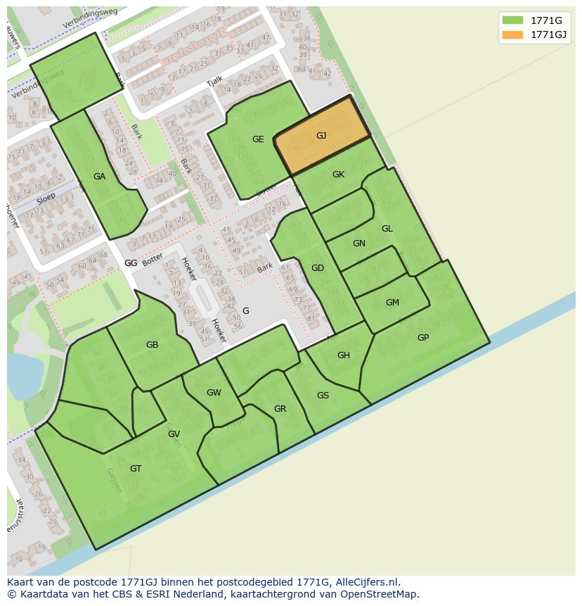 Afbeelding van het postcodegebied 1771 GJ op de kaart.