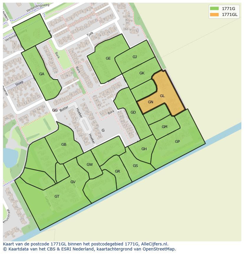 Afbeelding van het postcodegebied 1771 GL op de kaart.