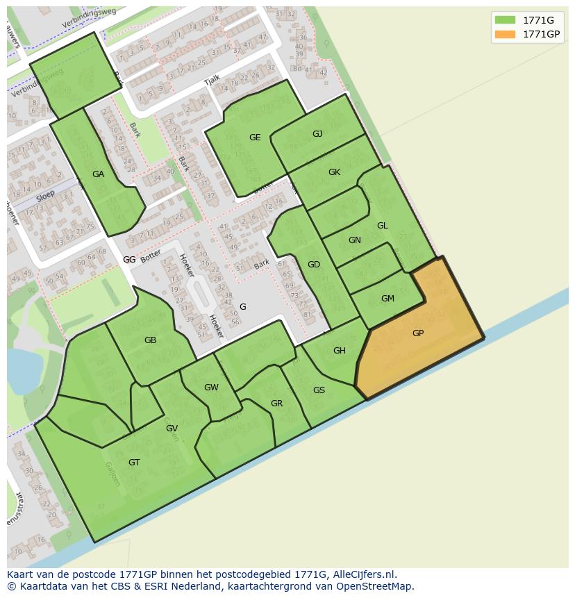 Afbeelding van het postcodegebied 1771 GP op de kaart.
