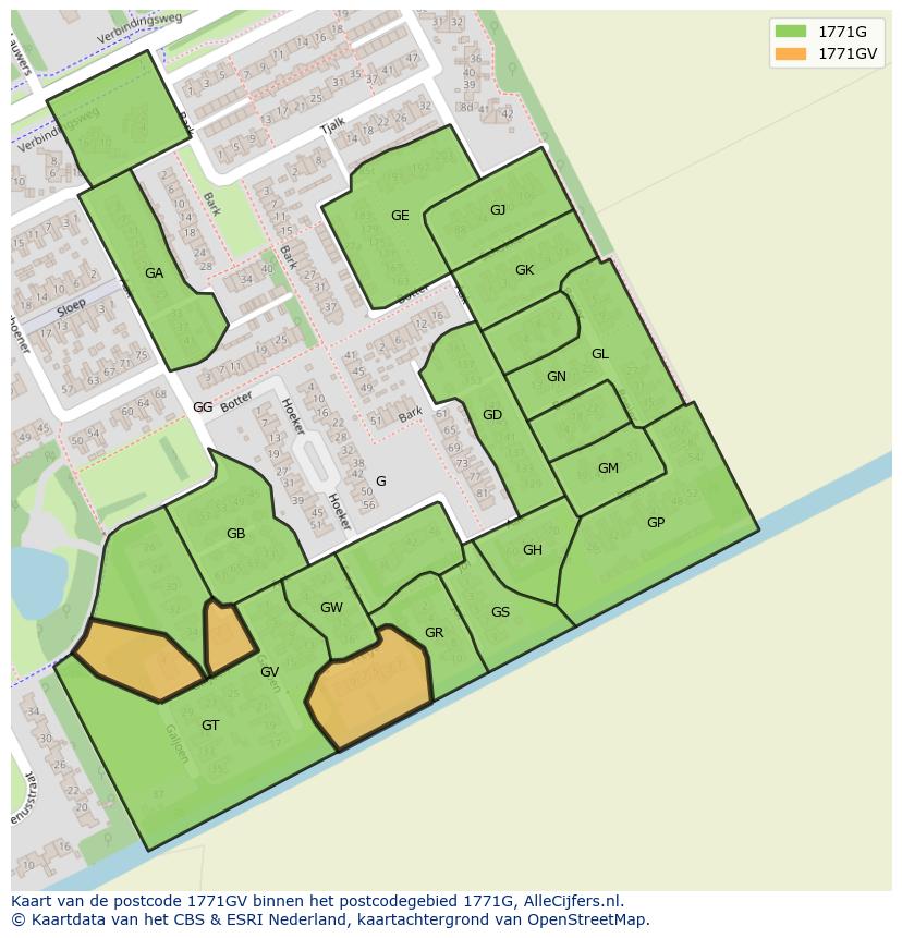 Afbeelding van het postcodegebied 1771 GV op de kaart.