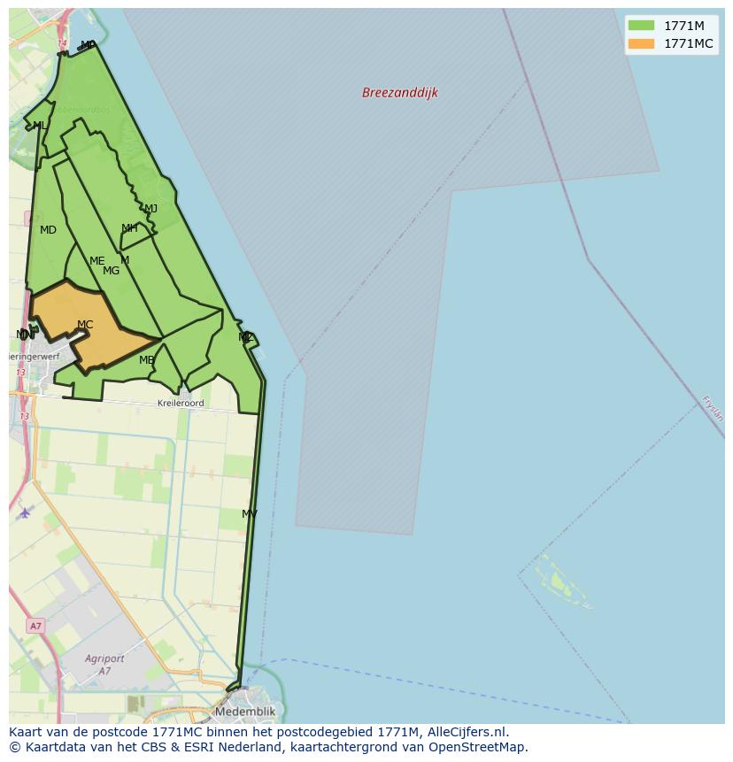 Afbeelding van het postcodegebied 1771 MC op de kaart.