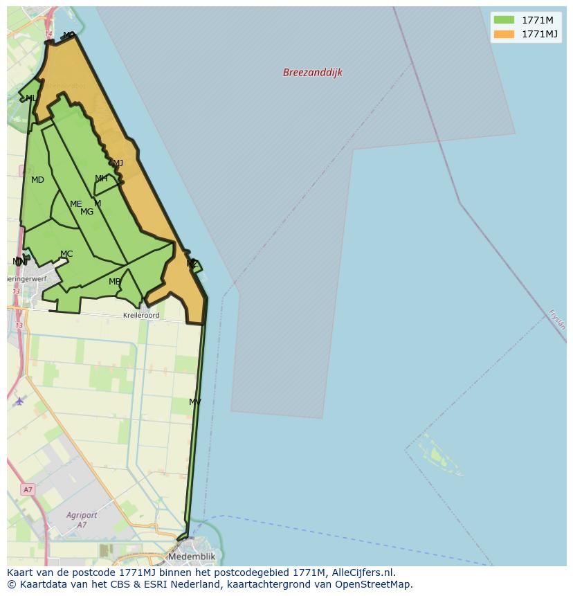 Afbeelding van het postcodegebied 1771 MJ op de kaart.
