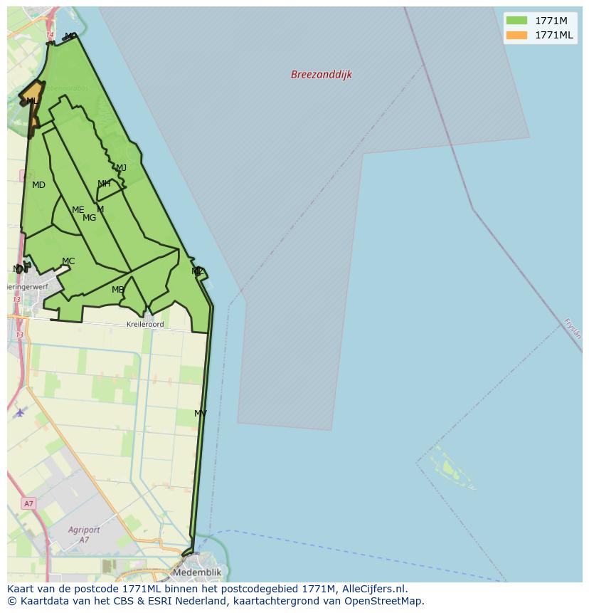 Afbeelding van het postcodegebied 1771 ML op de kaart.
