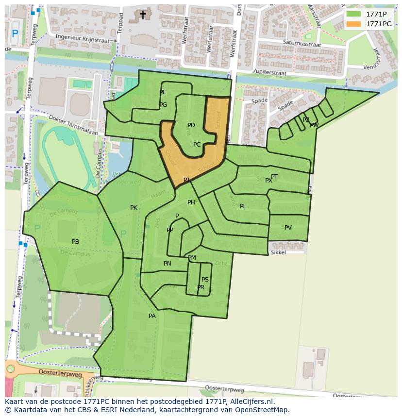 Afbeelding van het postcodegebied 1771 PC op de kaart.