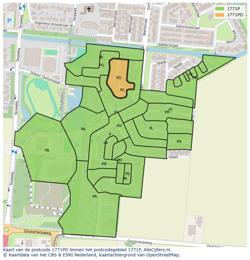 Afbeelding van het postcodegebied 1771 PD op de kaart.