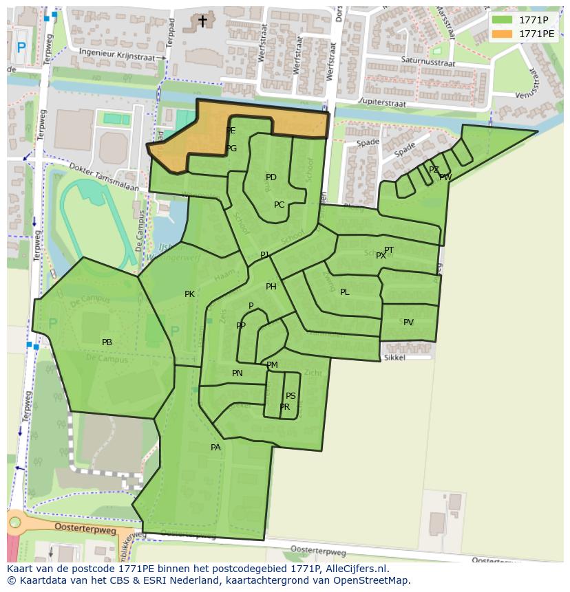 Afbeelding van het postcodegebied 1771 PE op de kaart.