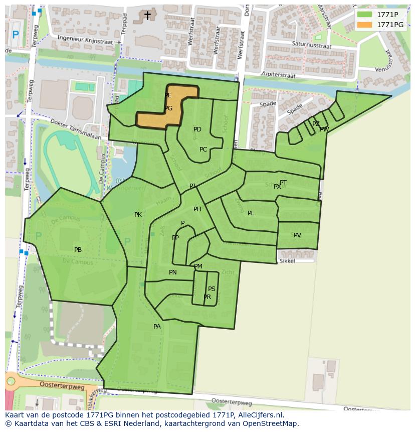 Afbeelding van het postcodegebied 1771 PG op de kaart.